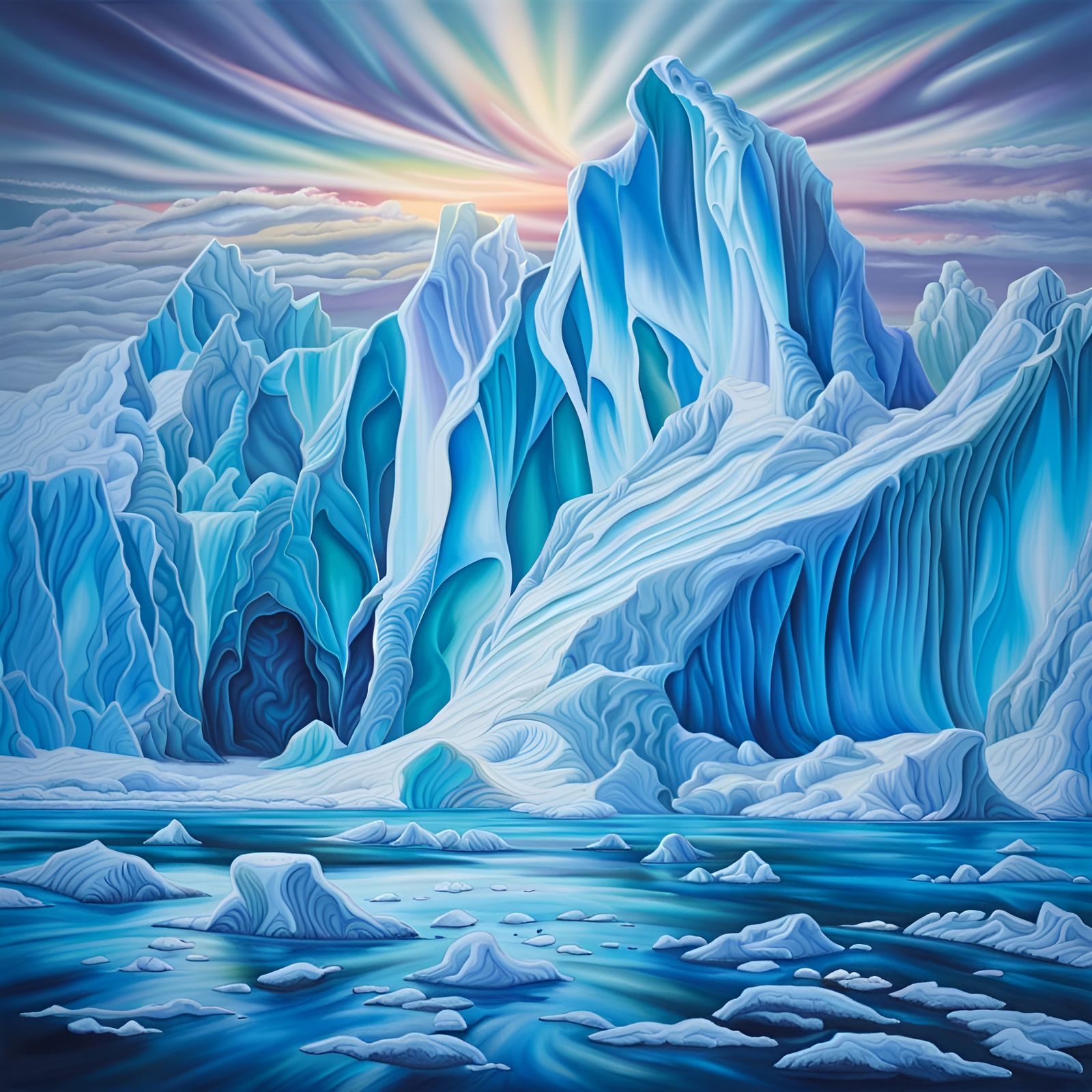 Icy, frost-molded landscape of the Antarctic peninsula with Southern Lights in the sky