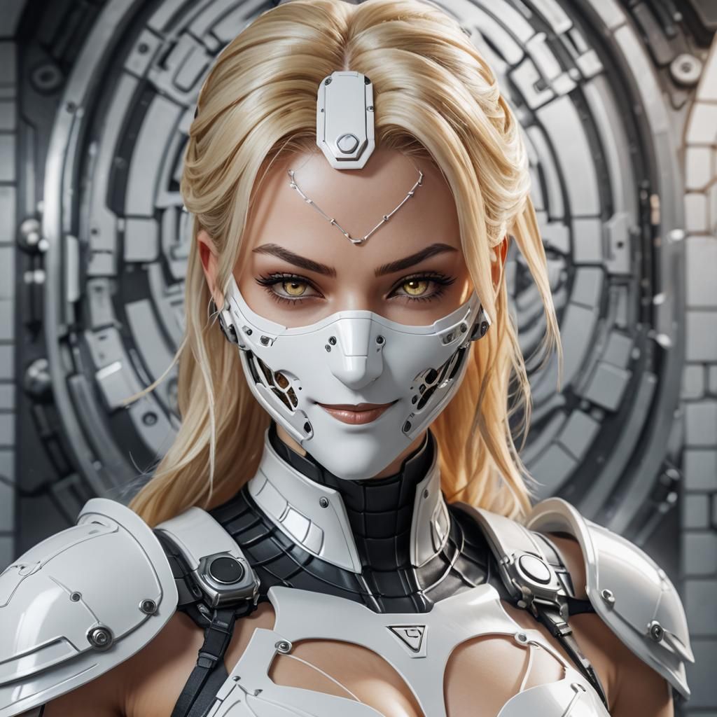 Smiling Blonde Cyber Girl in White Mask