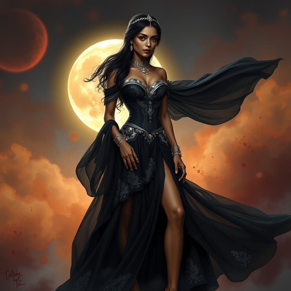 Indian Woman in Gothic Gown under Full Moon