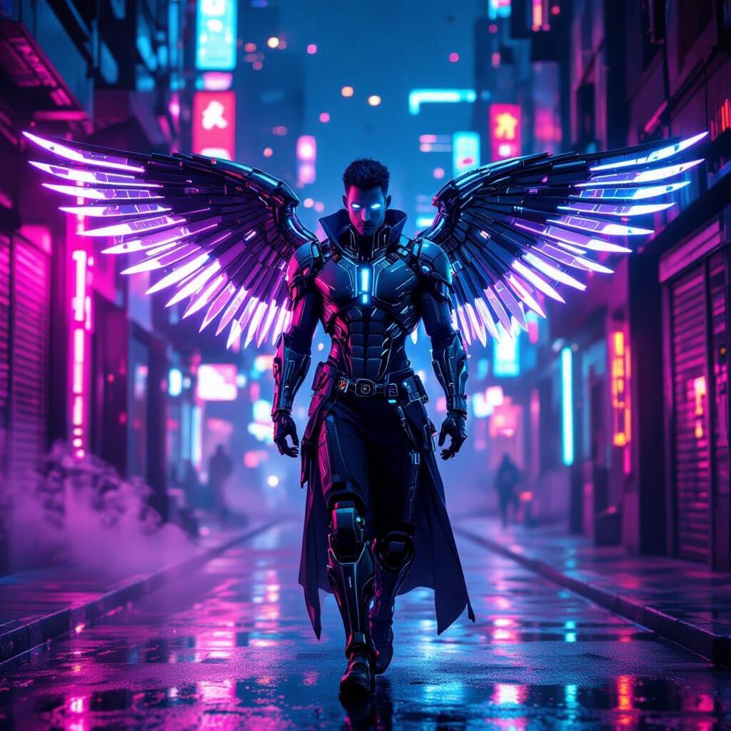 Cyberpunk Angel with Mechanical Wings in Neon City