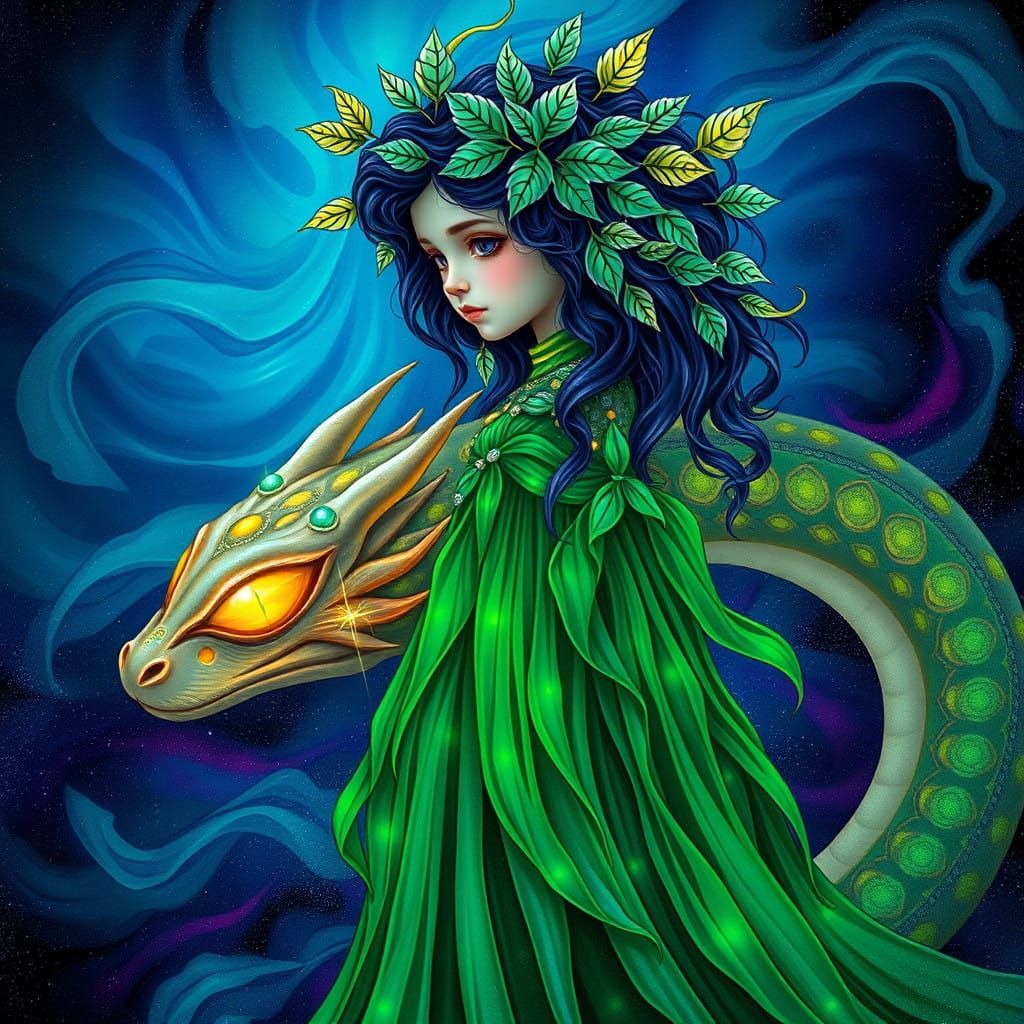 Fantastical Girl and Serpent in Emerald Dreamland