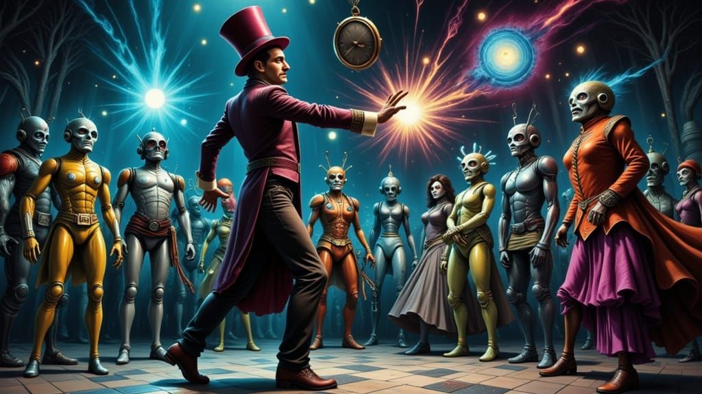 Magician Hypnotizes Robots in Retro-Futuristic Style