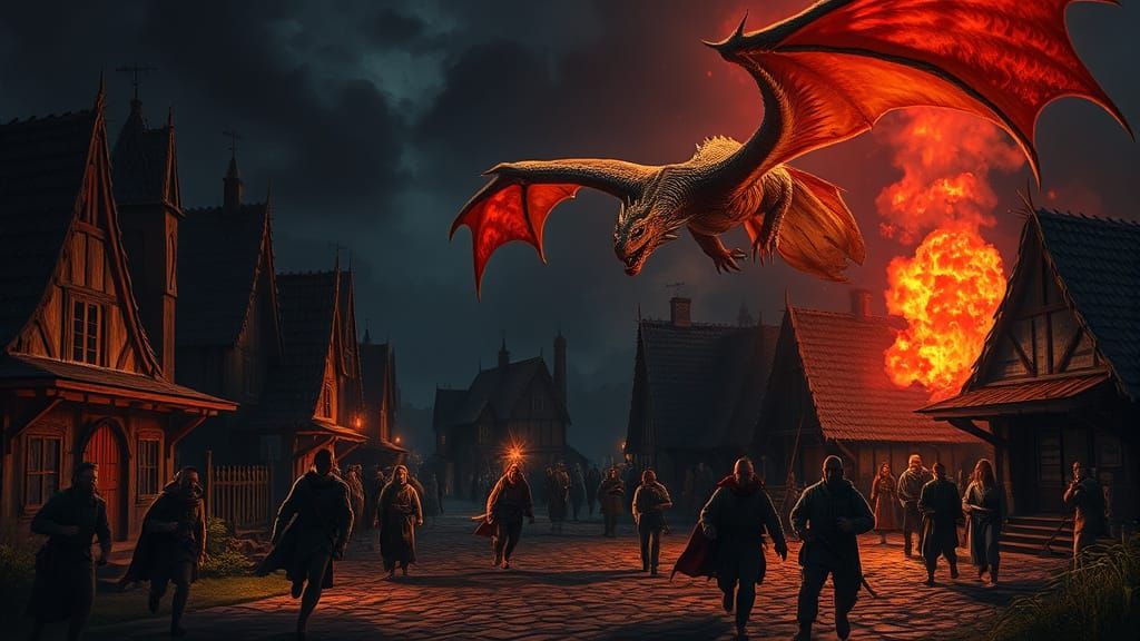 Dragon Terrorizes Medieval Hamlet in Photorealistic Style