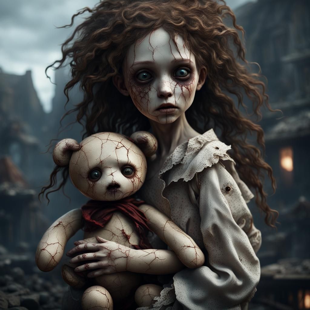 Eerie Doll Figure with Teddy Bear, Detailed Matte Painting