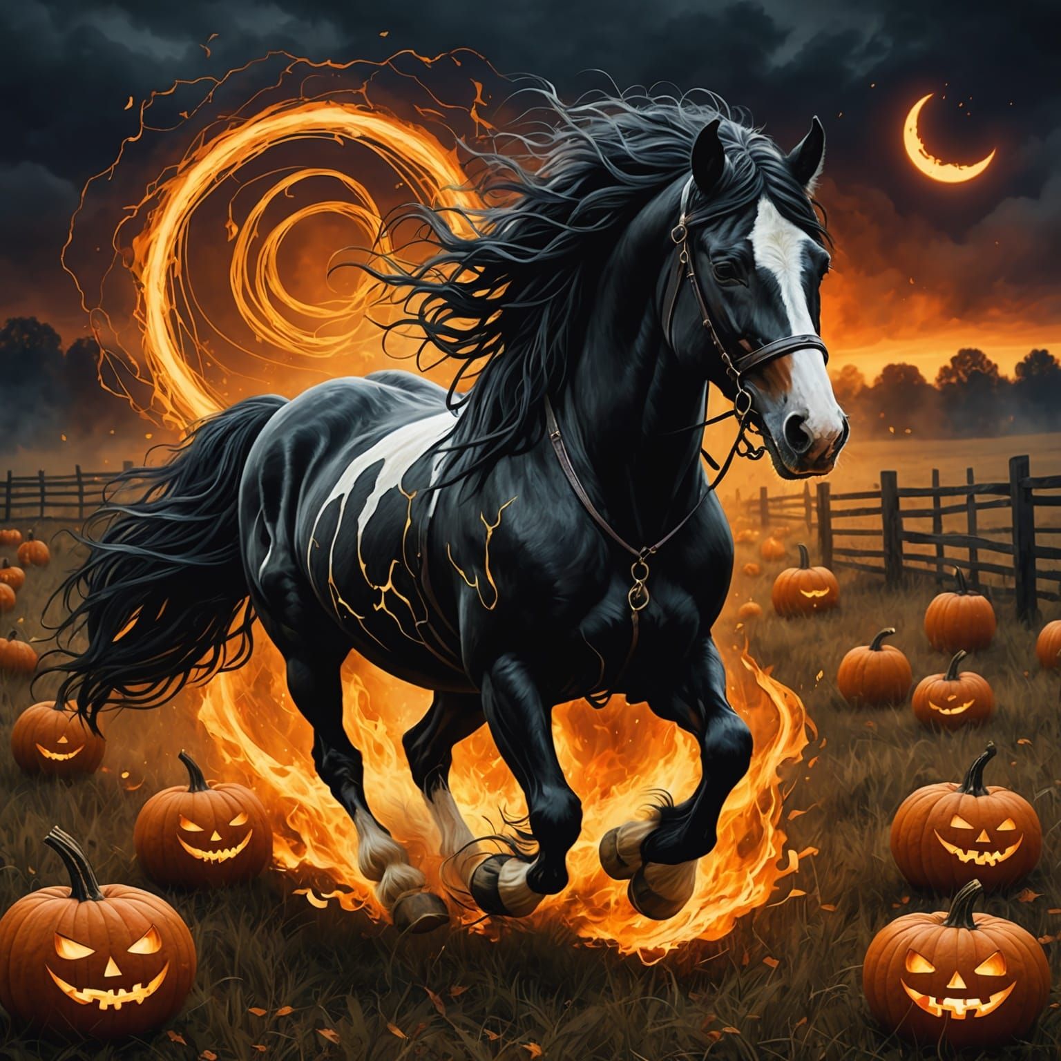 Gypsy Vanner Horse Runs Through Fiery Pumpkin Field