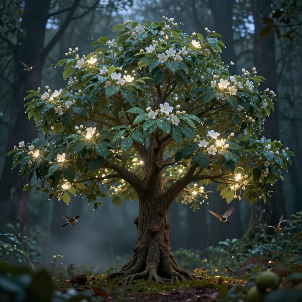 Gigantic Glowing Tree in Enchanted Forest at Night