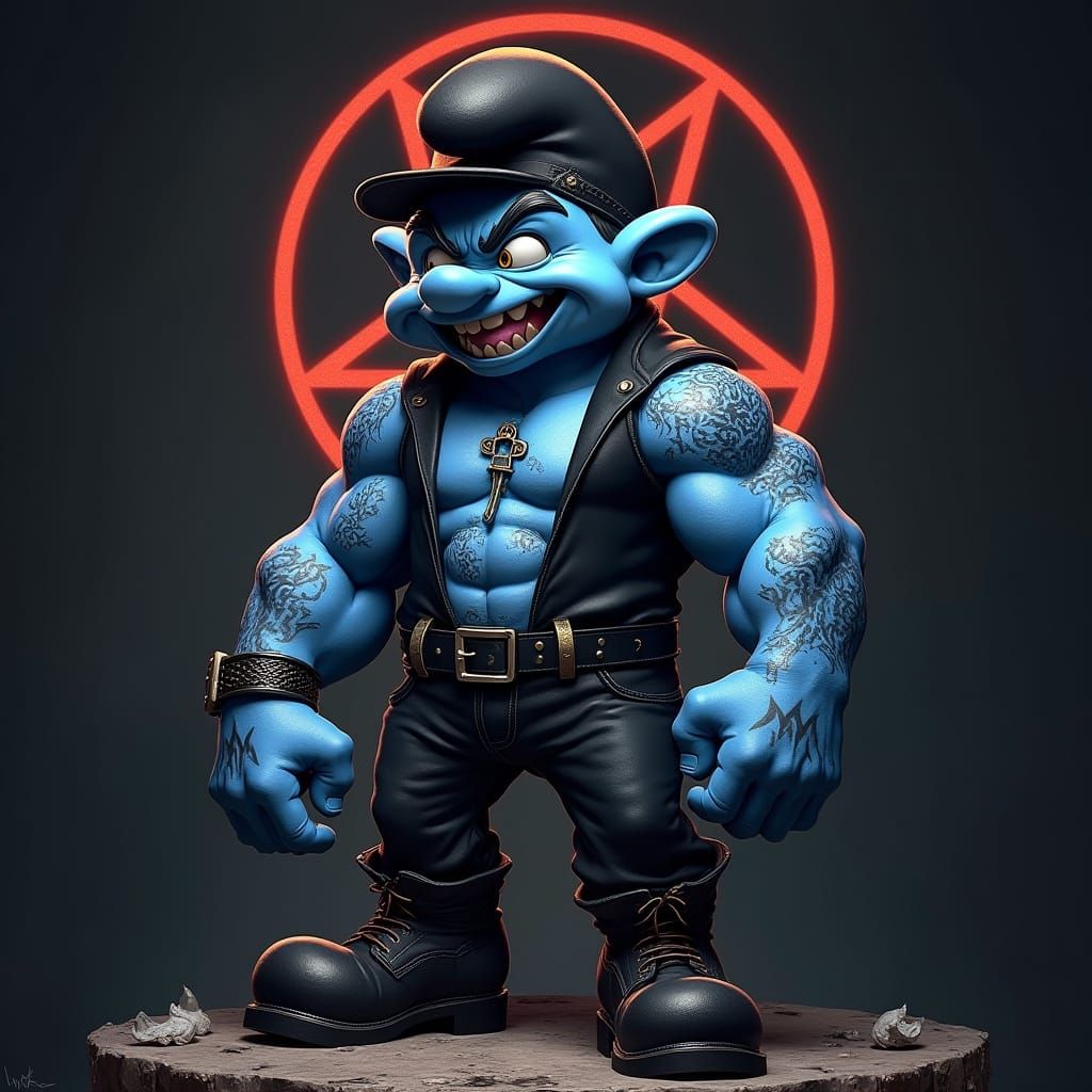 Menacing Smurf with Devilish Tattoos in Gothic Setting