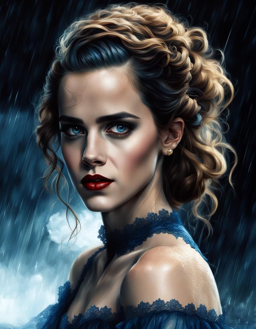 Emma Watson Portrait with Long Blue Hair in Rain