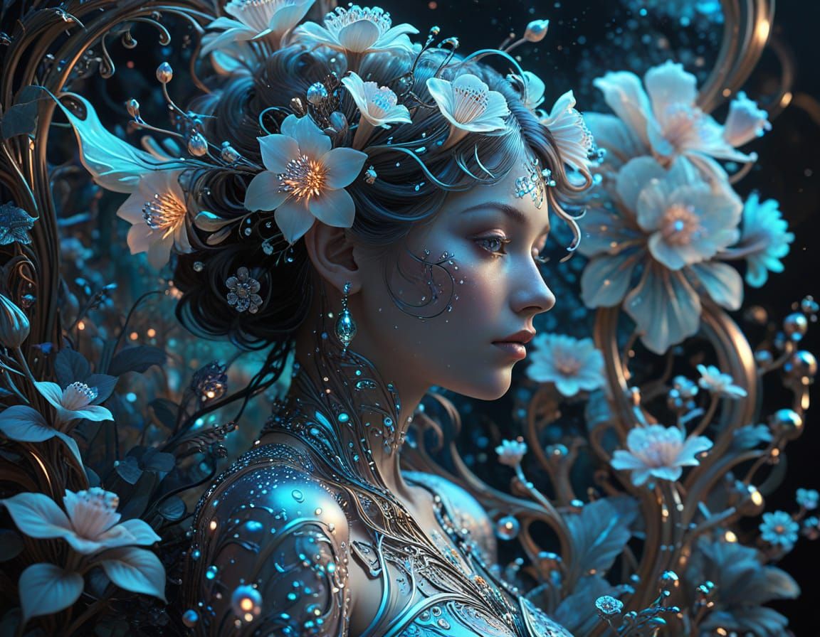 Bioluminescent Blooms and Fractals in Art Nouveau Style
