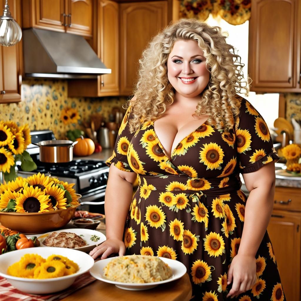 Curvy Woman in Sunflower Dress Cooking Thanksgiving