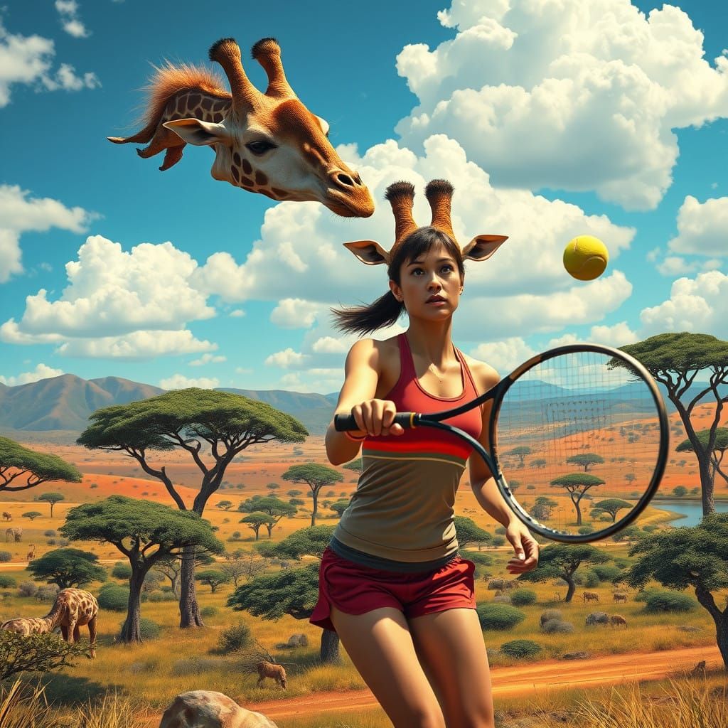 Woman Plays Tennis with a Giraffe in Whimsical Savannah