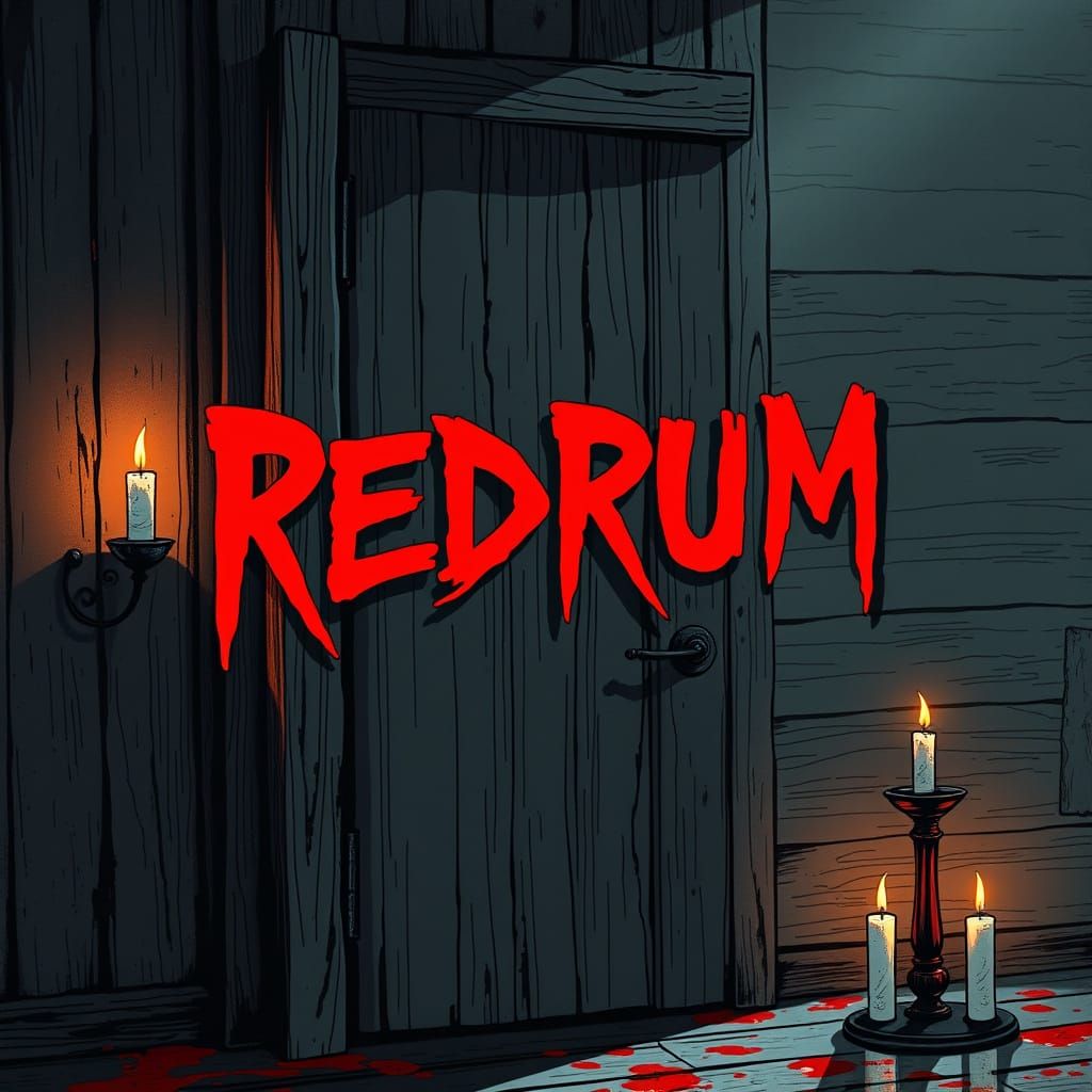 Sinister Wooden Door in Dark, High-Contrast Comic Book Style