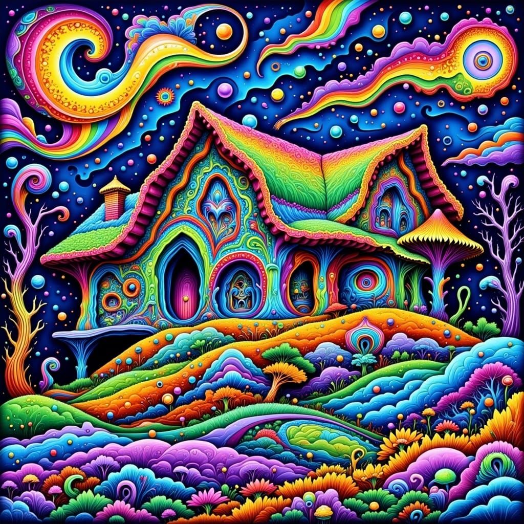 Psychedelic Fractal House in a Surreal Dreamscape