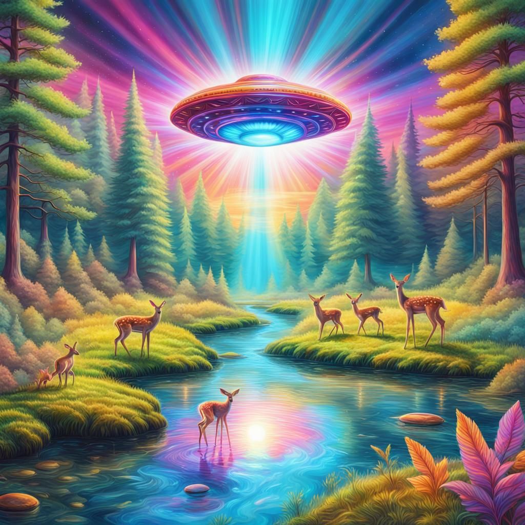 Psychedelic UFOs in Pop Art Summer Forest
