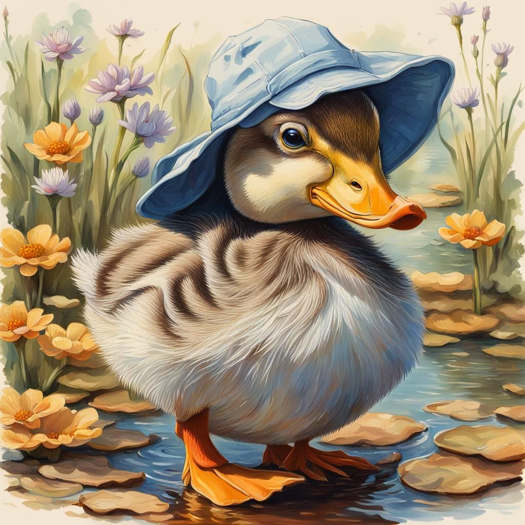 Puddle Duck in Bonnet: Detailed Wildlife Art