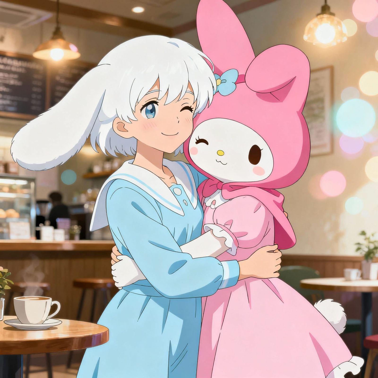 Cinnamoroll and My Melody as Young Adults in Cozy Cafe