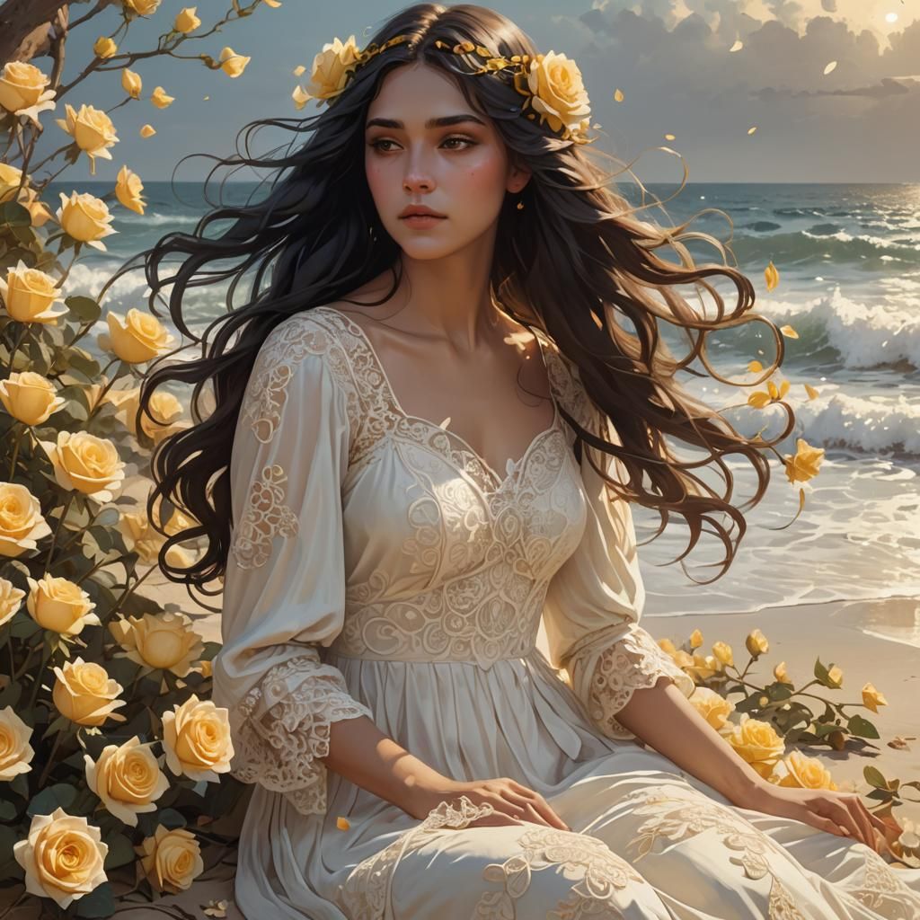 Ethereal Portrait of Girl with Roses in Art Nouveau Style