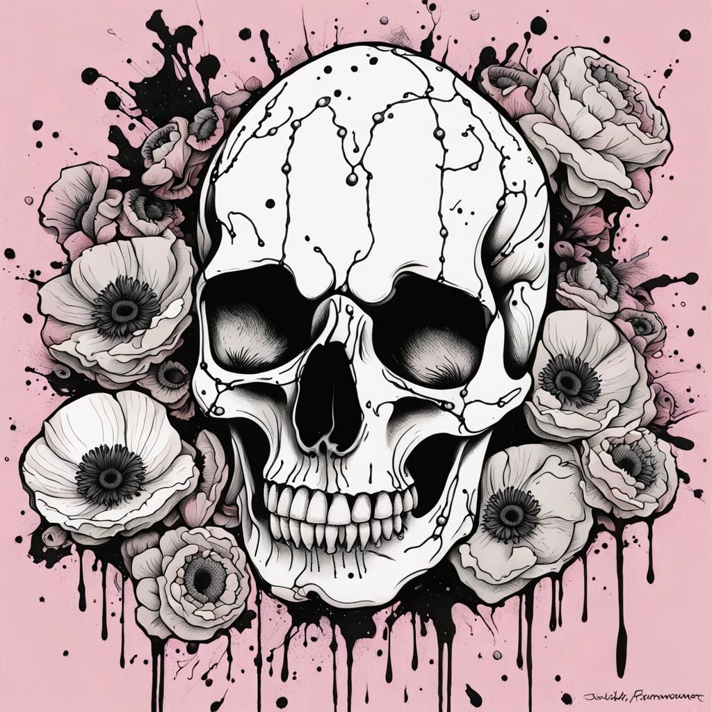 Skull Tattoo Design with Anemones and Paintbrushes