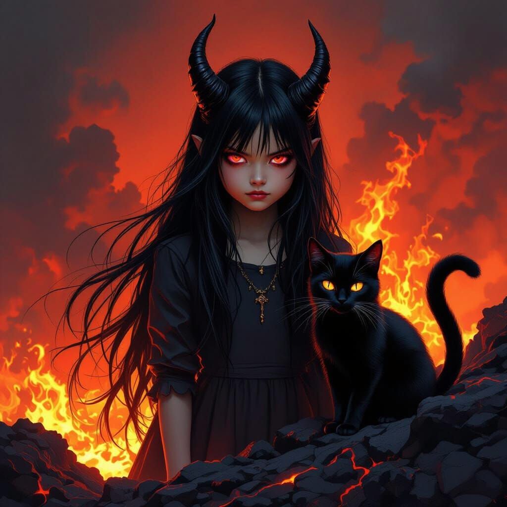 Dark Fantasy Girl with Black Cat by Fiery Volcano
