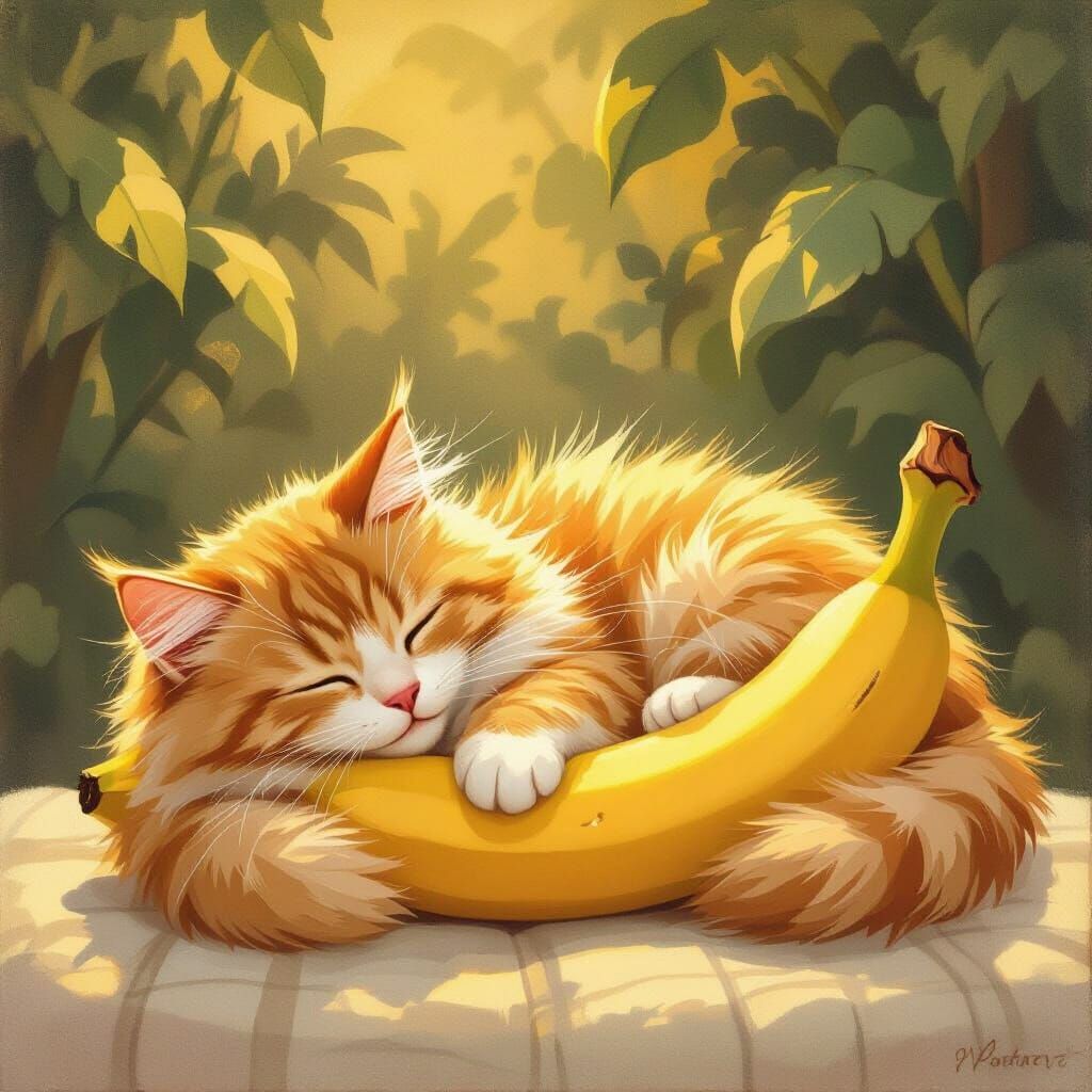 Fluffy Cat Sleeps on Banana in Golden Hour Light