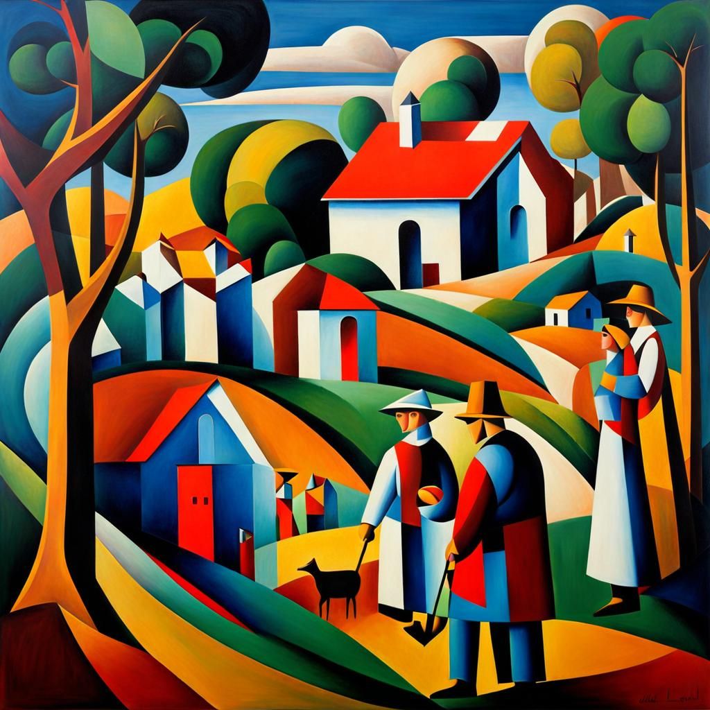 Cubist-Futurist Village Life Painting