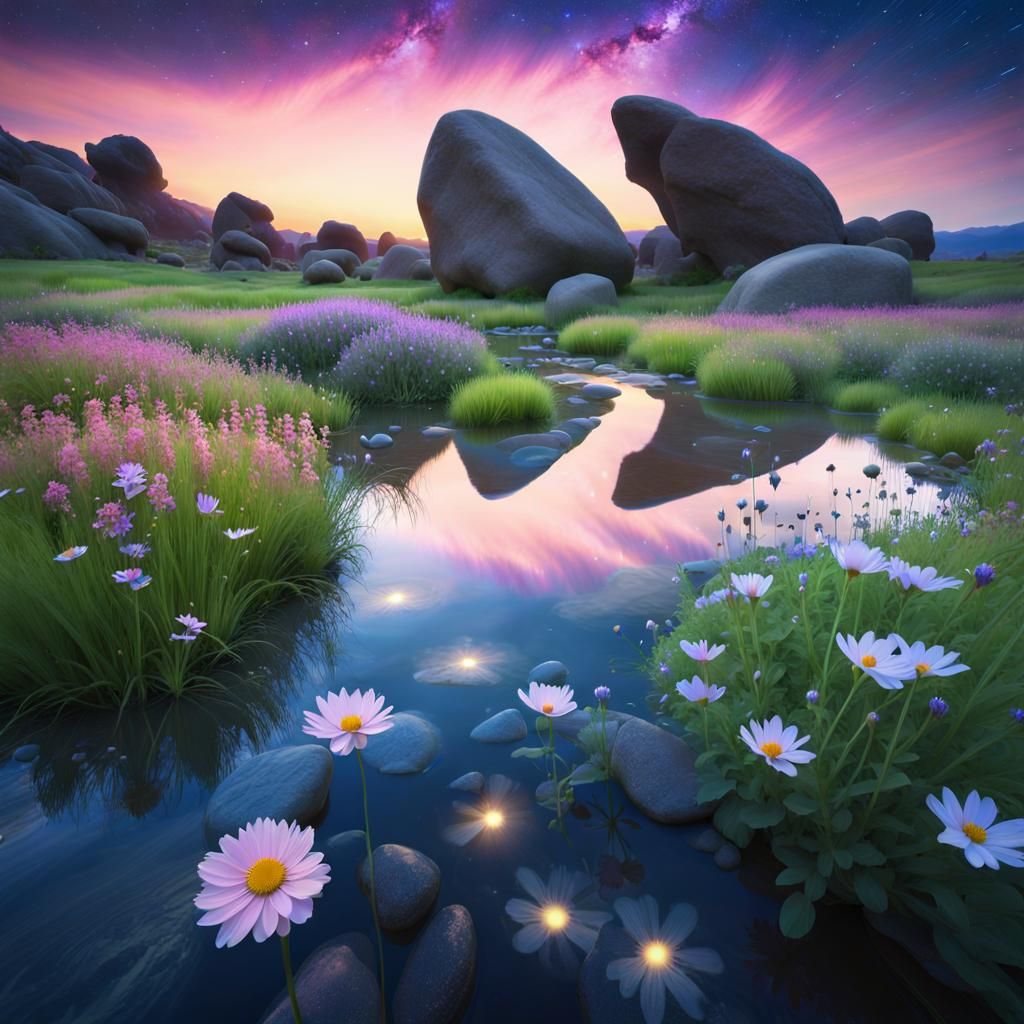 Enchanted Stream Flowing Through Wildflower Meadow