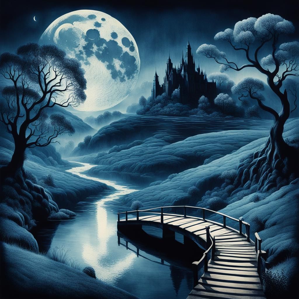 Ethereal Cyanotype Landscape with Moon