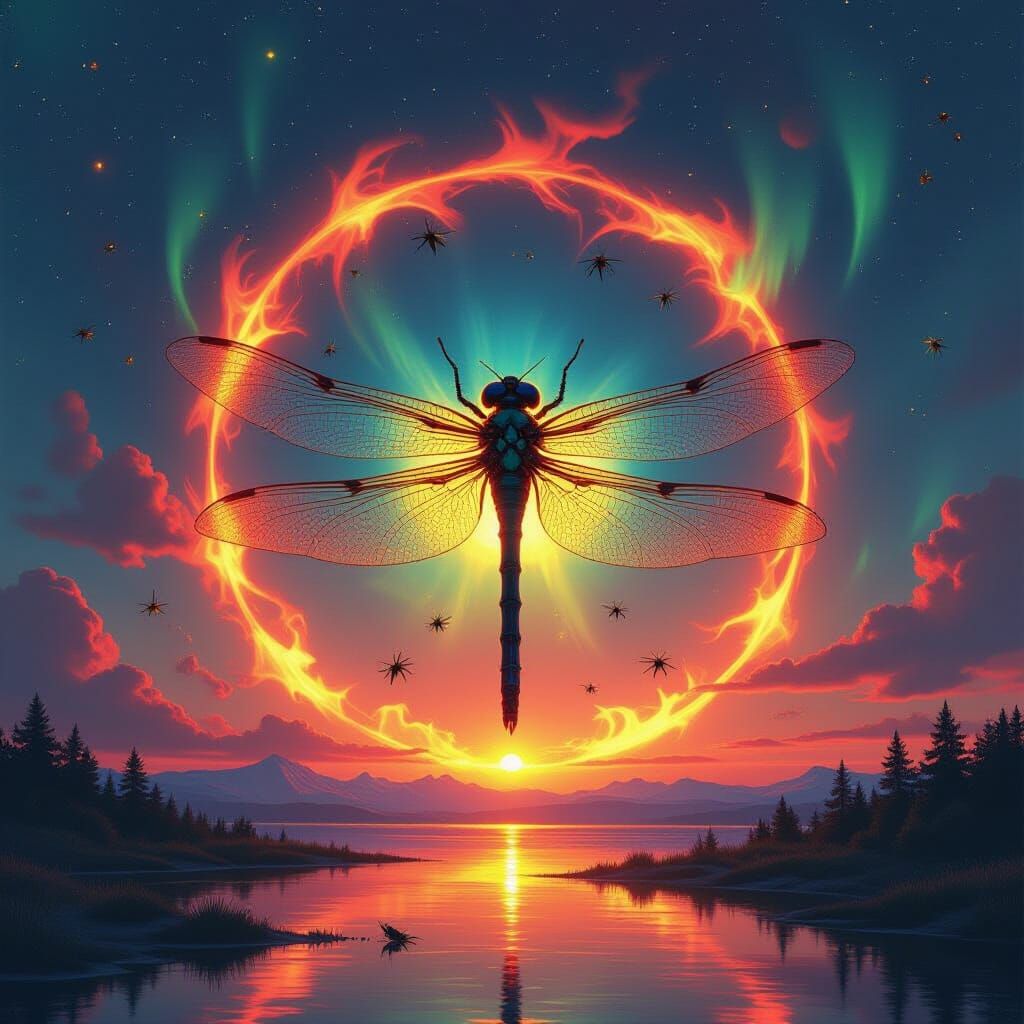 Ancient Dragonfly Carved in Sun with Glowing Bugs