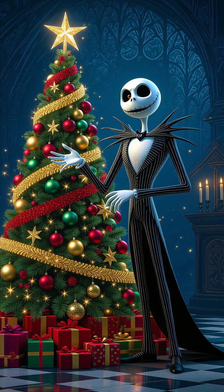 Jack Skellington Beside Ornate Christmas Tree