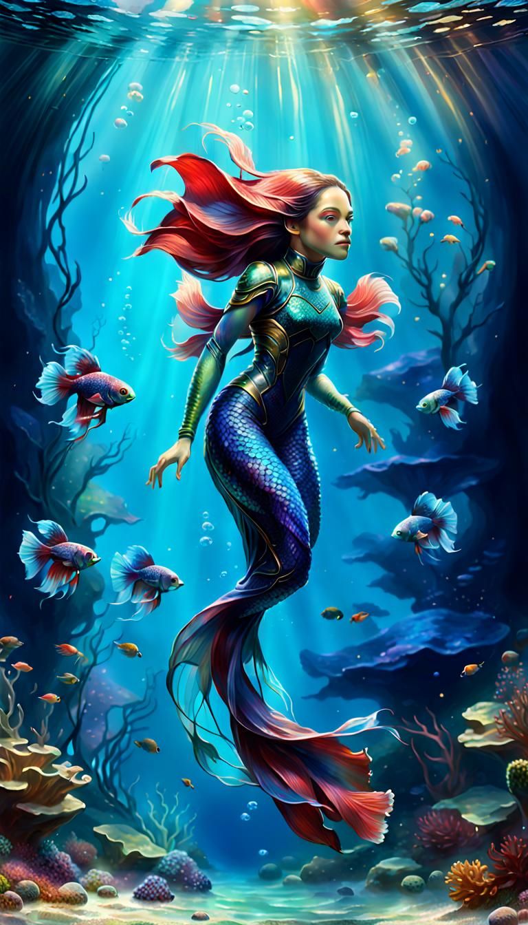 Humanoid Betta Fish Mermaid in Kinkade Style