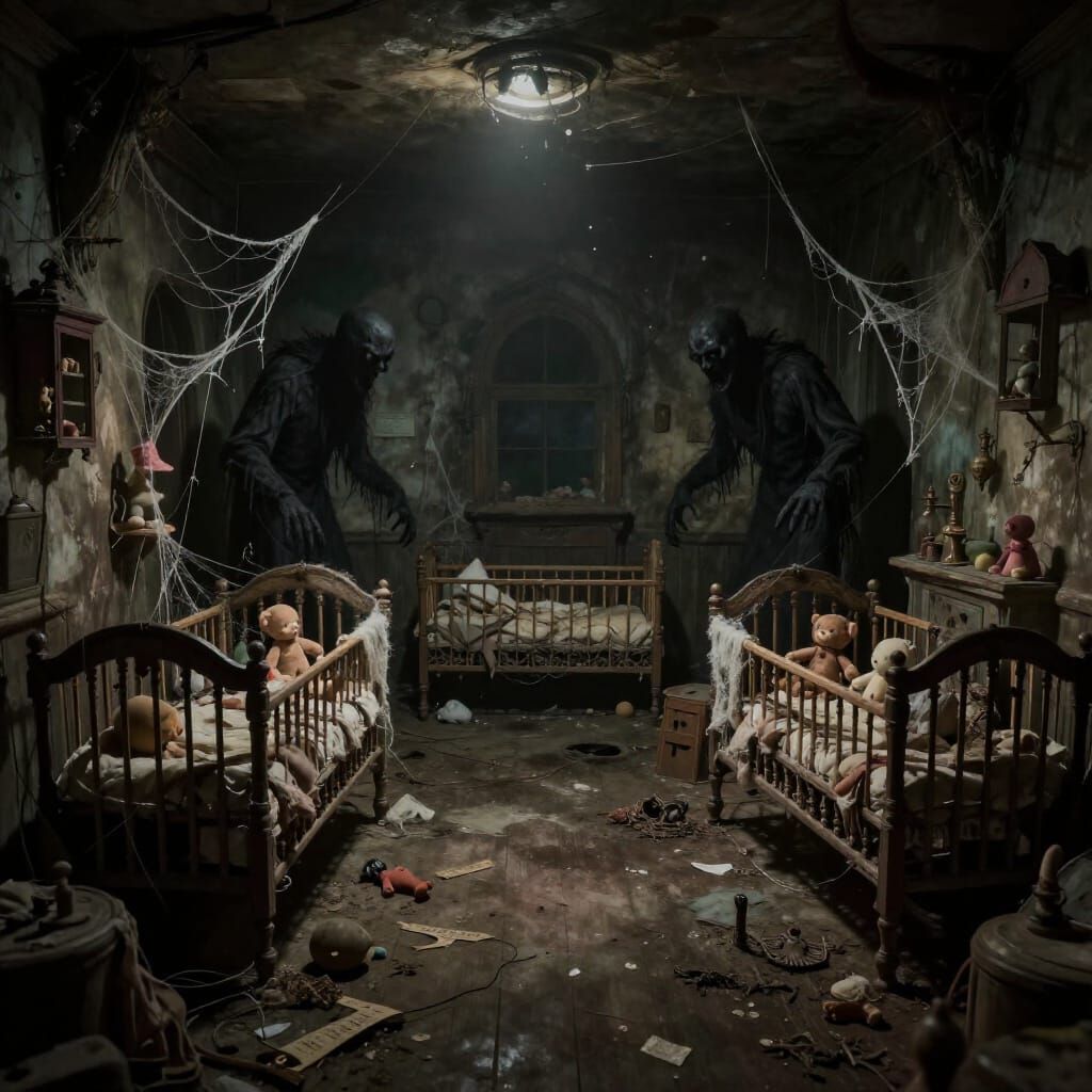 Eerie Crypt Nursery with Shadow Monsters in Cinematic Lighti...