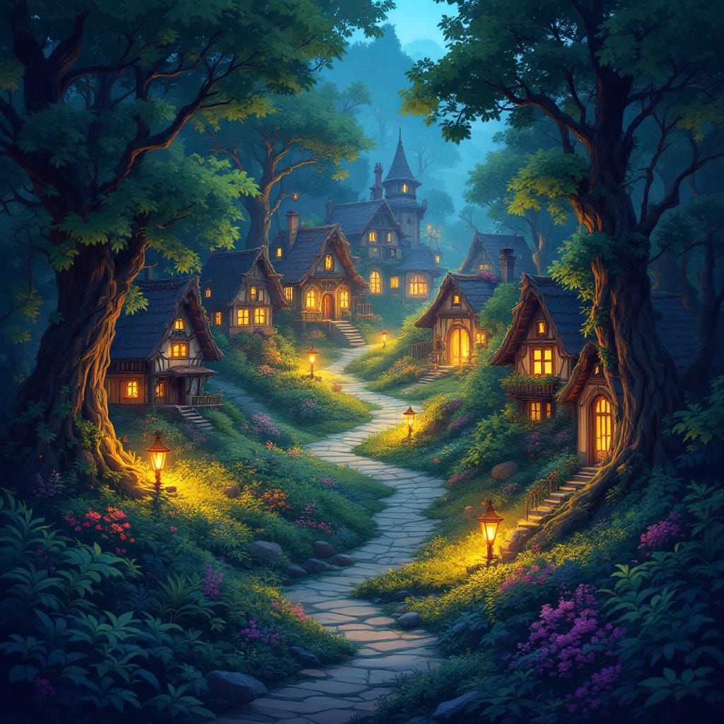 Hidden Village in Magical Forest: Anime Wallpaper