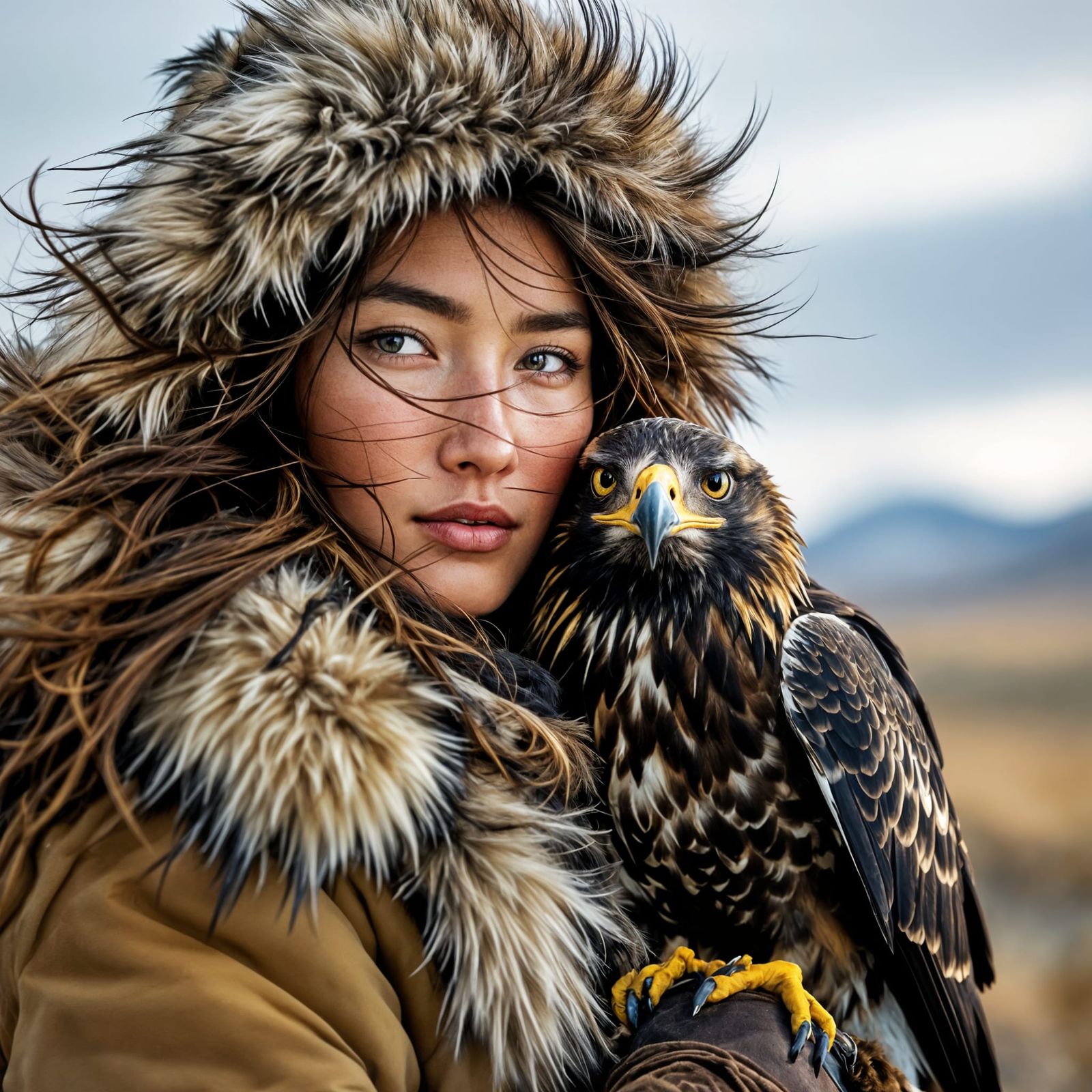 Mongolian Eagle Huntress with Golden Eagle Portrait