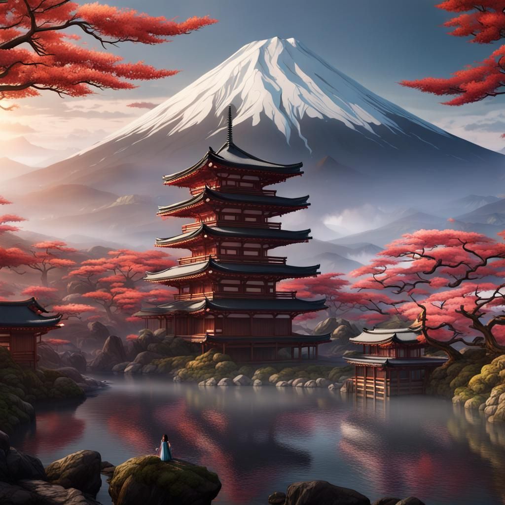Mount Fuji Landscape with Brunette Woman: Detailed Digital P...