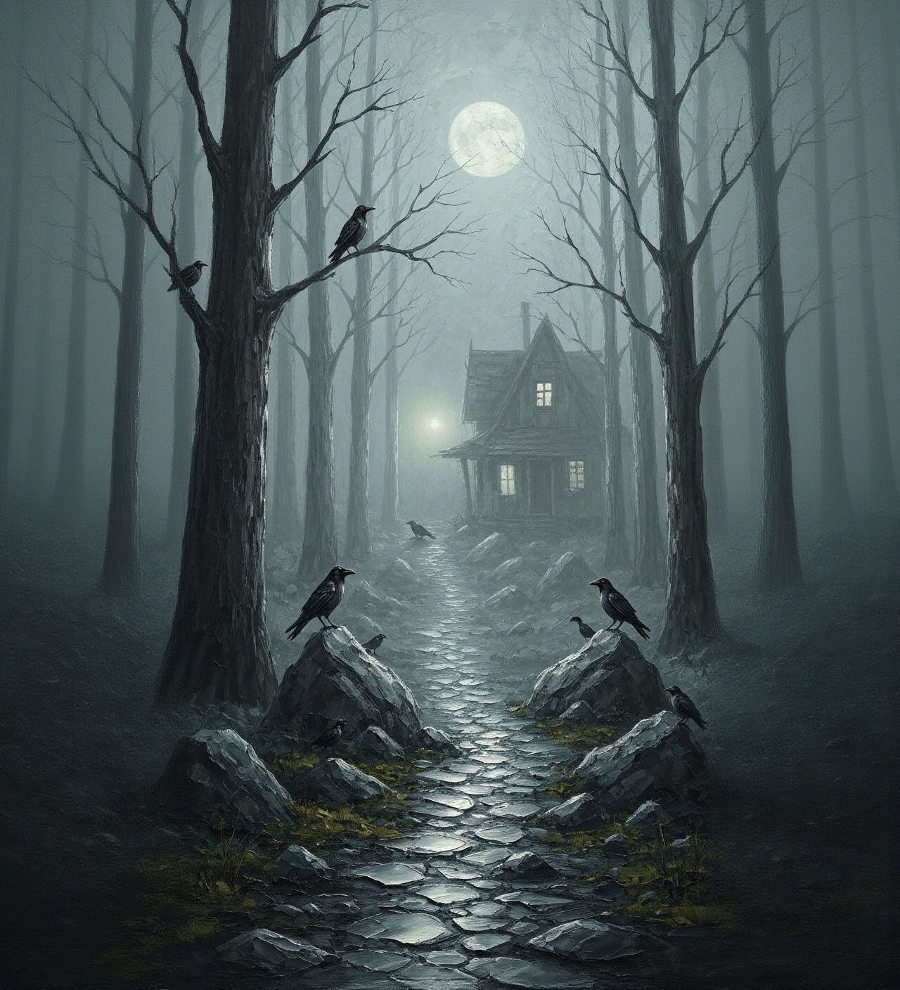 Creepy Forest Cottage in Misty Moonlight, Impasto Painting
