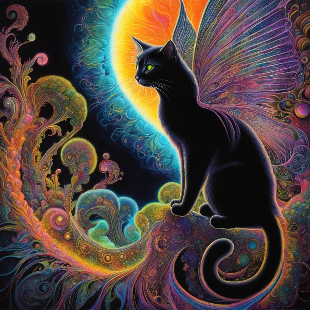 Cat fairy Glowing neon luminous paint Shadow people figures hallucinations dmt entity hyperdetailed intricately detailed...