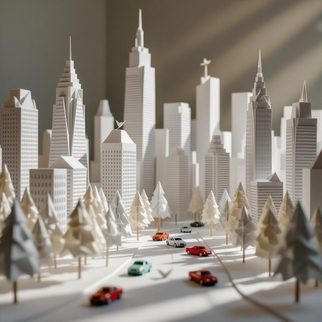 Origami Cityscape with Paper Cars and Trees