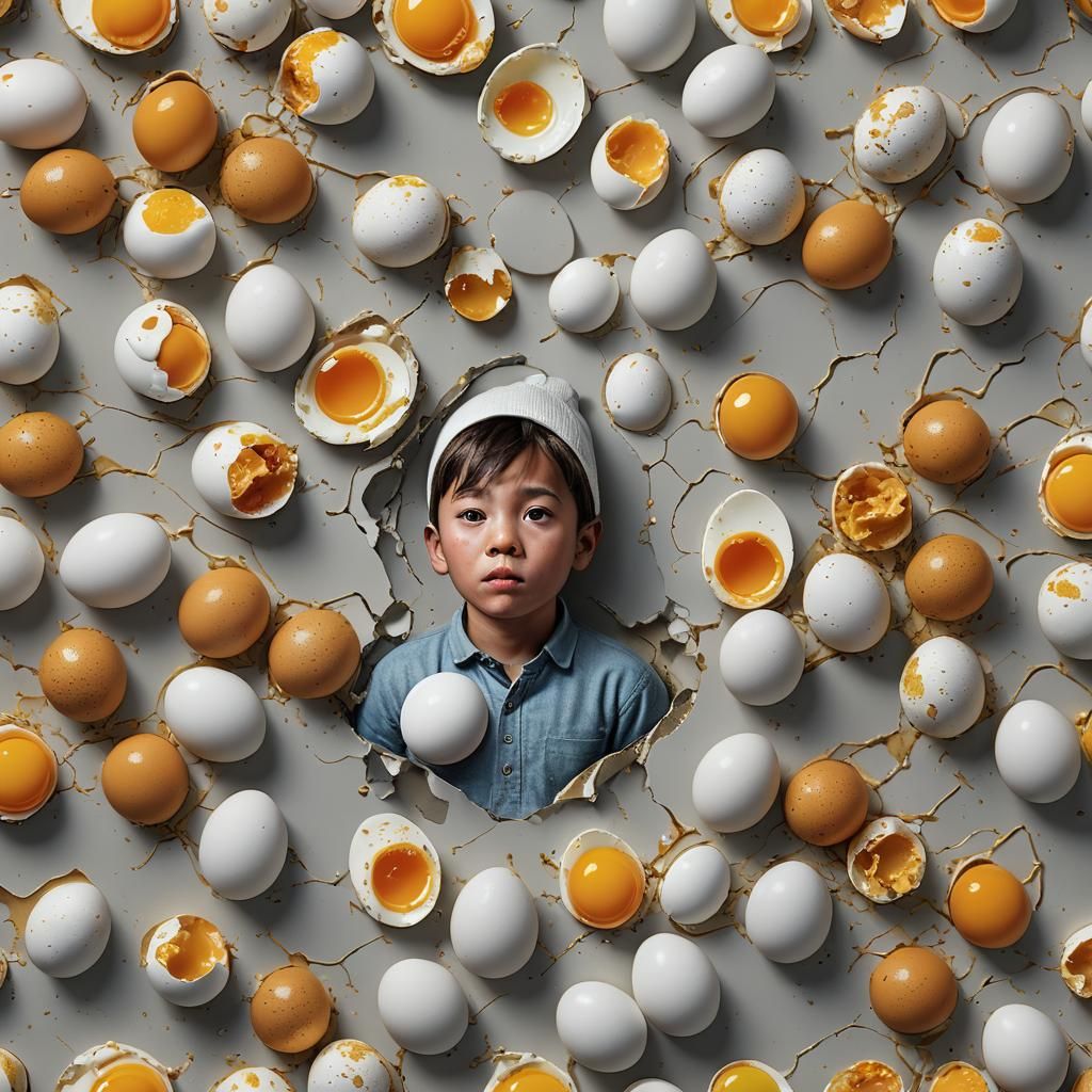 Hyperrealistic Boy with Cracked Egg Head in Ultra HD