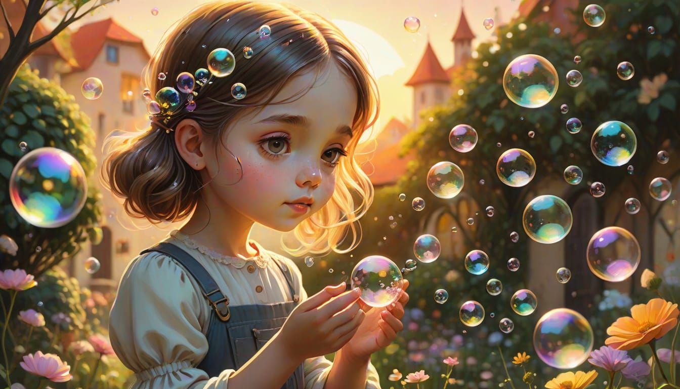 Dreamy Surrealist Girl Blowing Bubbles at Sunset