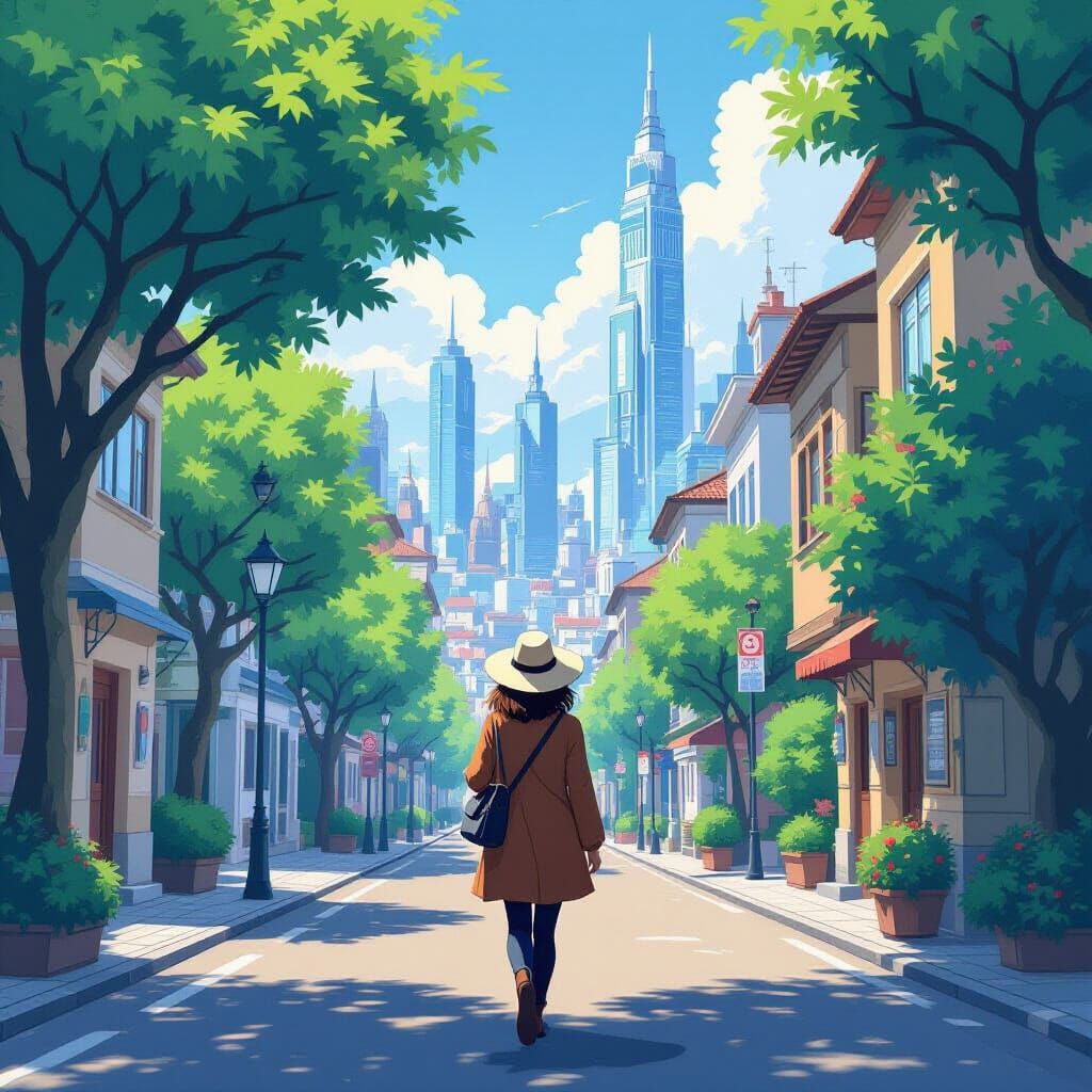 Woman Walks Away From City in Miyazaki-Inspired Style