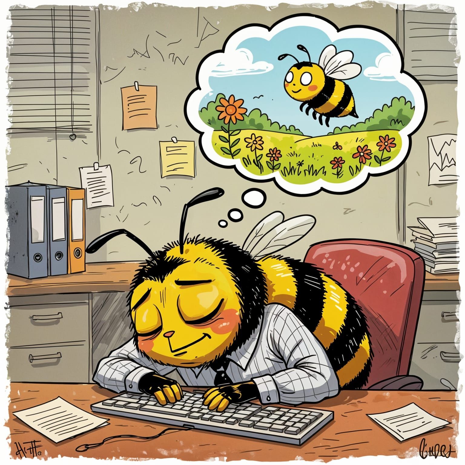 Bee-Man's Dream: Office Slump to Sunny Meadow