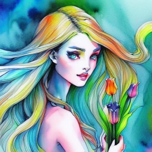 Ethereal Girl with Tulips: Fantasy Watercolor Illustration