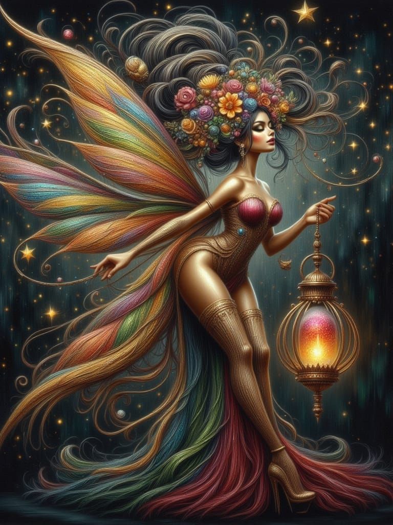 Wired Fairy Holding Ruby Lantern: Fantasy Art