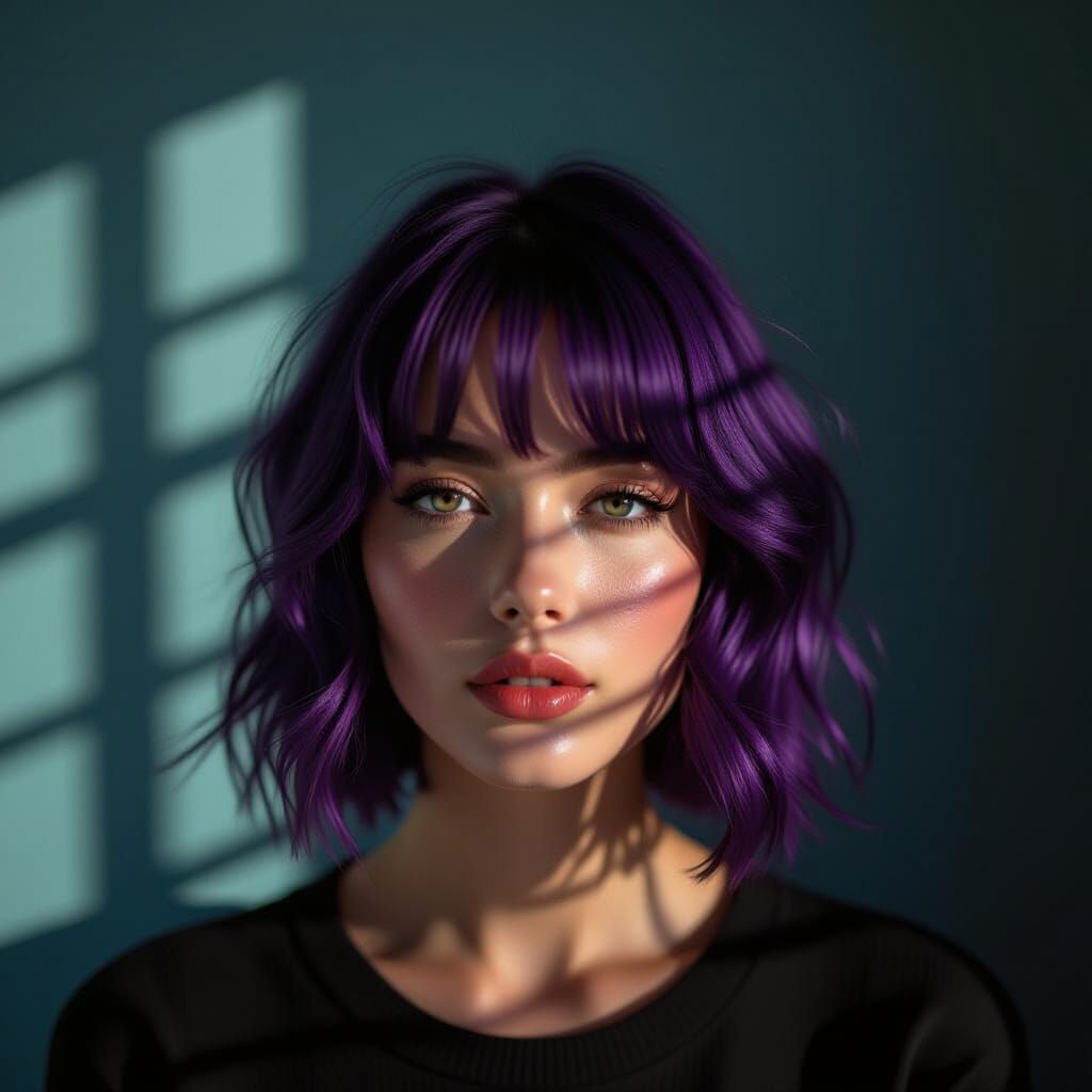 Moody Portrait of Woman with Purple Hair in Soft Shadows