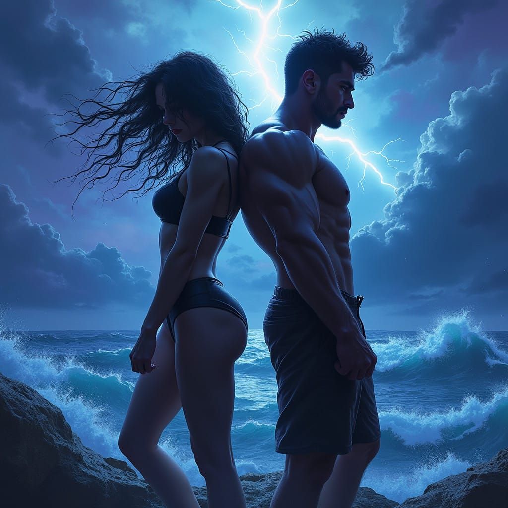 Couple Standing Back to Back Against Turbulent Sea in a Cine...