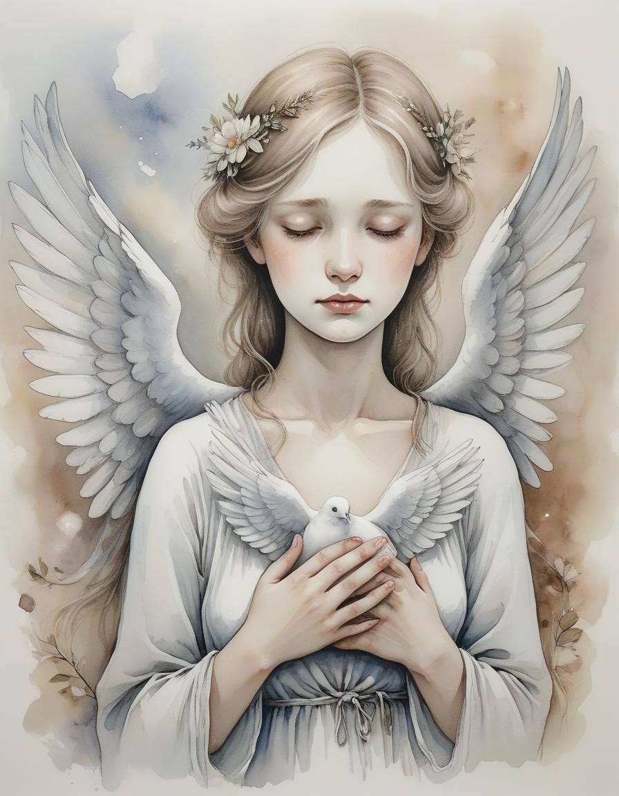 Angel and Dove Ascend to Heaven in Watercolor