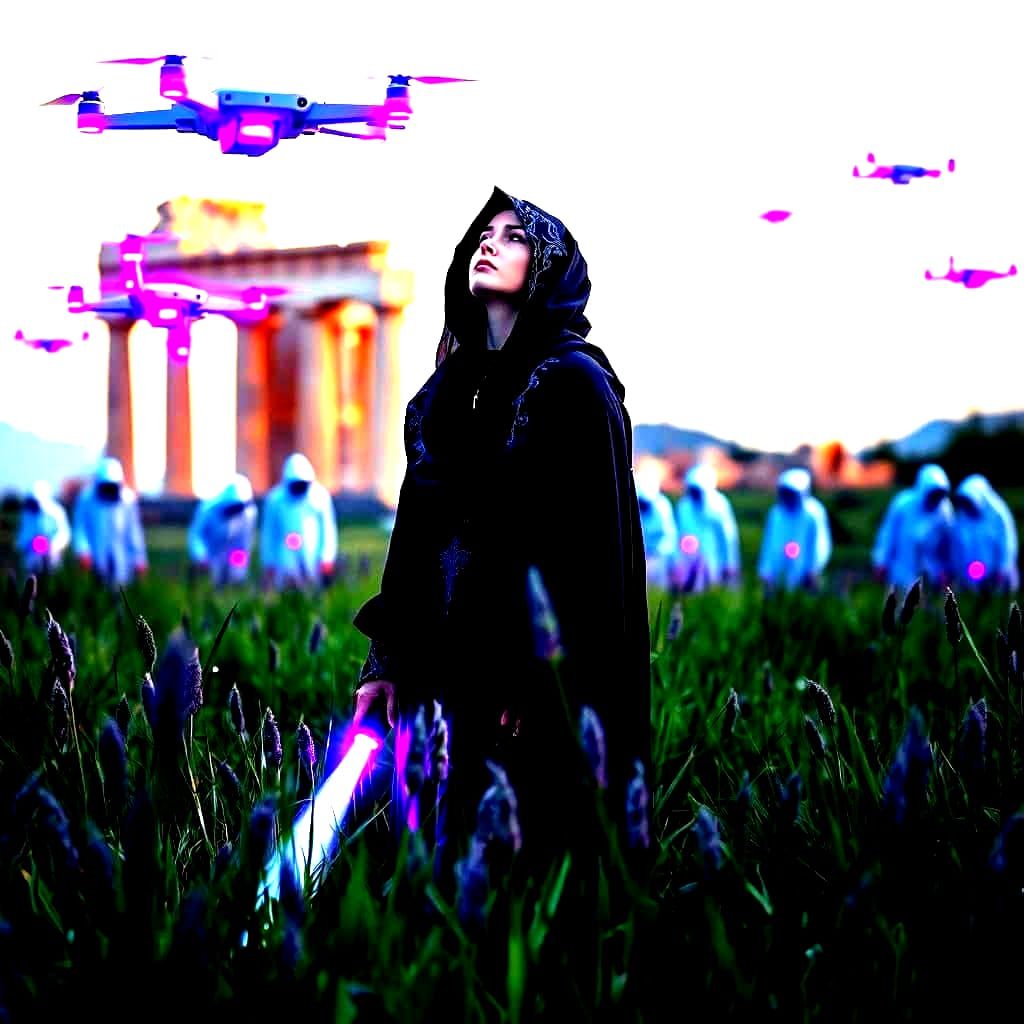 Ethereal Purple Goddess Amidst Neon Lights and Ancient Greek...