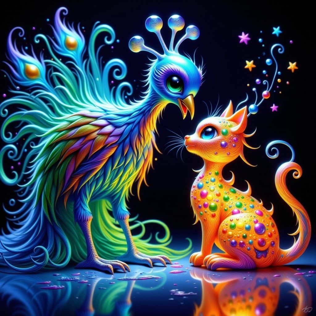 Iridescent Peacock Teases Glass Cat in Anime Style