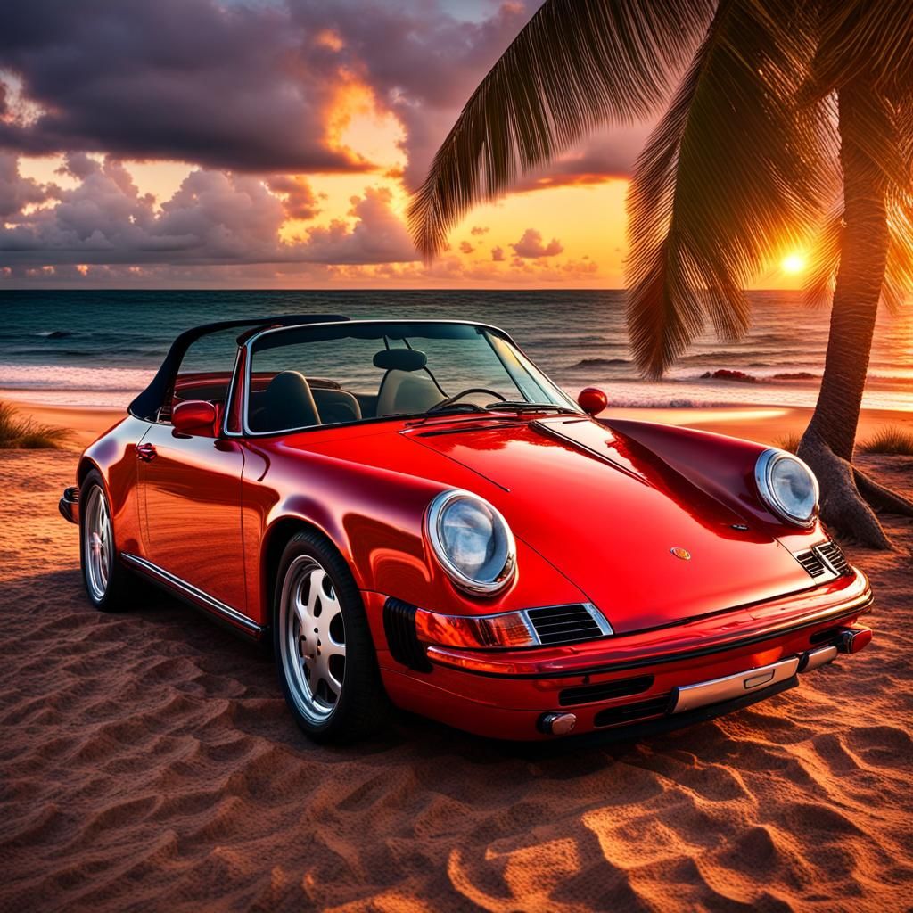 Red Porsche 911 Targa on Tropical Beach at Sunset