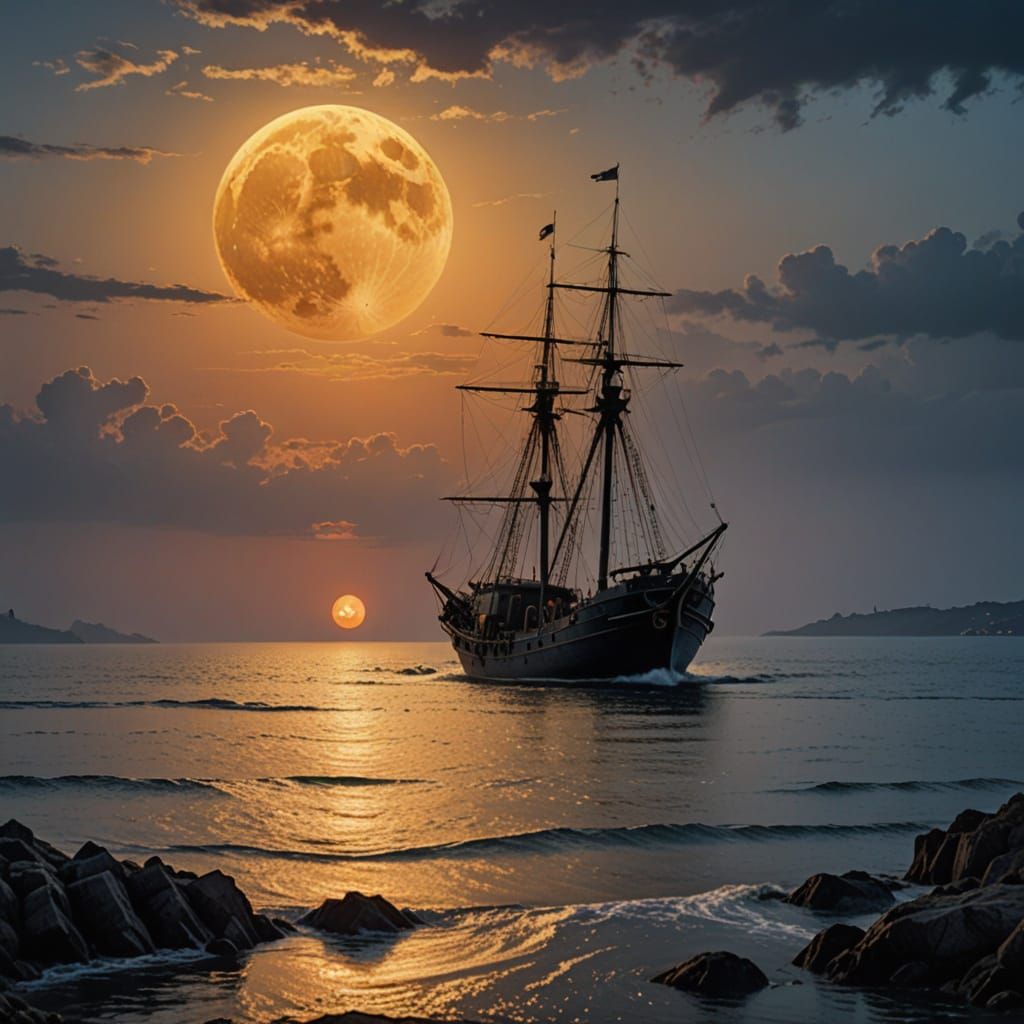 Ethereal Supermoon Rising Over a Fish Trawler at Golden Hour